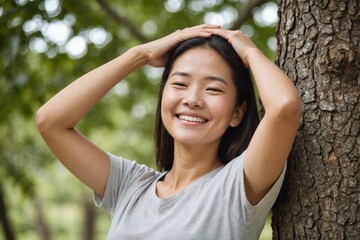Smiling asian woman with hands behind head and eyes closed leaning on tree - Powered by Adobe
