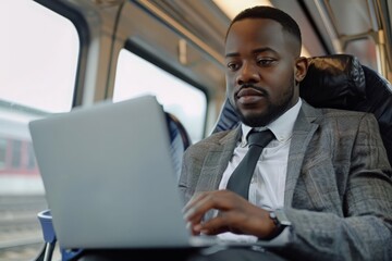 African American businessman working on laptop at the train 