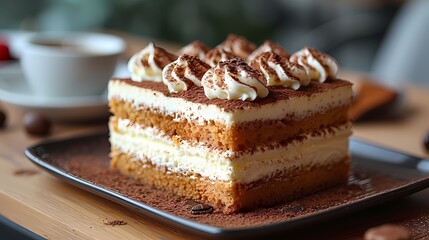 A decadent tiramisu birthday cake layered with espresso-soaked sponge cake, mascarpone cream, and dusted with cocoa powder