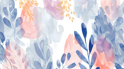 Abstract watercolor background with floral elements. Delicate and soft blue, pink and orange colors.