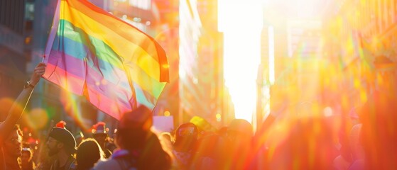 Colorful pride parade featuring a prominent rainbow flag, sunlit cityscape, blurred celebrants