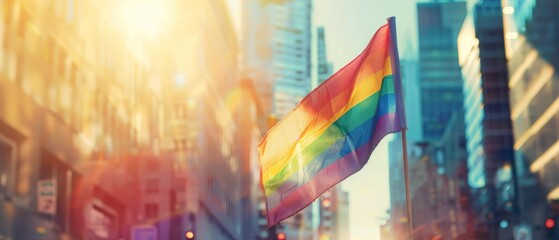 Energetic pride parade with a big rainbow flag leading the way, sunny cityscape, indistinct crowd