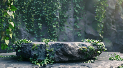 Obraz premium Abstract mockup with a rock podium and lush greenery, perfect for product promotions