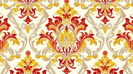 Fototapeta premium Vintage floral damask pattern featuring intricate red and gold swirls set against a classic cream colored wallpaper background.