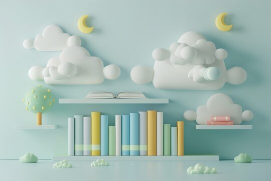 The image shows a 3D rendering of a bookshelf with a pink boat and a tree on it