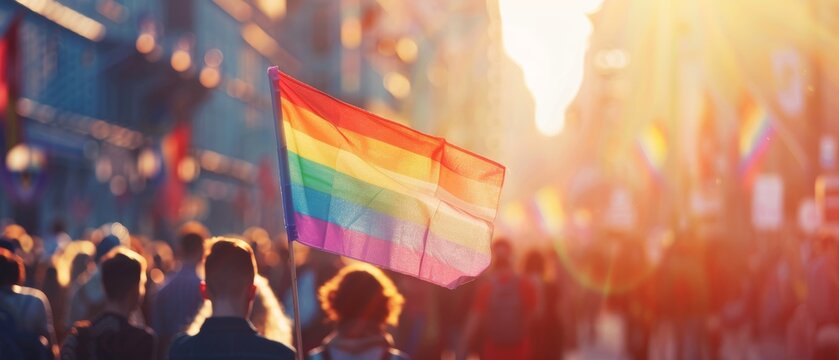 Energetic pride parade with a prominent rainbow flag, cityscape under warm sunlight, blurred crowd