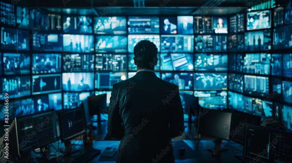 Aufkleber a cybersecurity expert monitoring a wall of screens with real-time security data, dark mode interfac