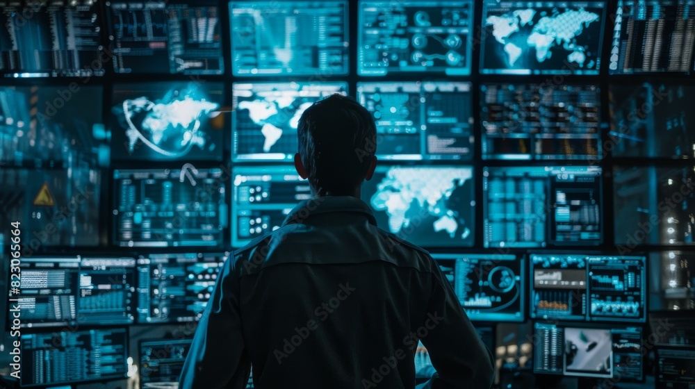 Aufkleber a cybersecurity expert monitoring a wall of screens with real-time security data, dark mode interfac