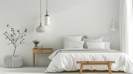 Modern Minimalist Bedroom with White Bed, Wooden Accents, and Serene Ambiance under Natural Light | High-Quality Stock Image
