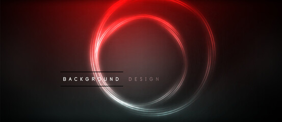 Neon glowing circle rays, light round lines in the dark, planet style neon wave lines. Energetic electric concept design for wallpaper, banner, background