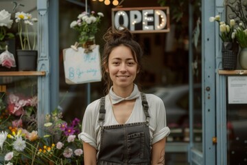 Portrait of proud female flower shop owner in front of open sign 