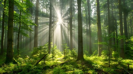 Sunlit Lush Green Forest - Serene Nature Scene Background with Copy Space