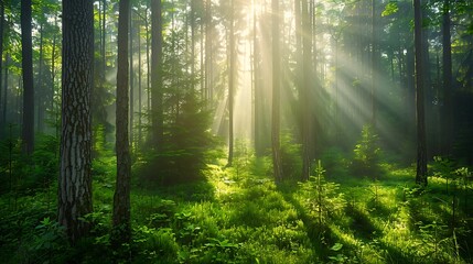 Obraz premium Enchanted Forest: Sunbeams Piercing Through Tall Trees in Lush Greenery - High-Resolution Nature Background with Copy Space for Stock Use.