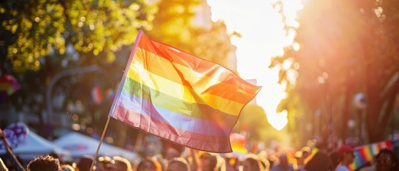 Large rainbow flag at pride parade, warm sunlit day, diverse participants, city skyline
