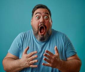 man surprised with his hands in front of his face. shouting expression. against solid color background.