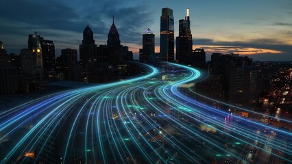 Smart city digital transformation development concept. Band lights over modern urban cityscape at night. New fast internet communication 5G technology. Fiber Optics