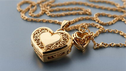 A gold heart-shaped pendant on a gold chain necklace.

