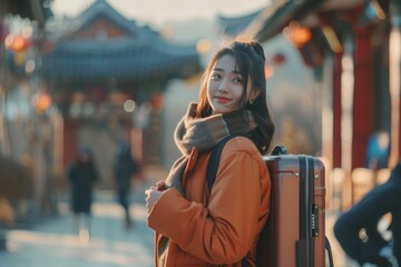 Fototapeta premium Young Asian woman carrying suitcase