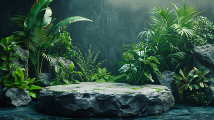 Abstract mockup with a rock podium and lush greenery, perfect for product promotions