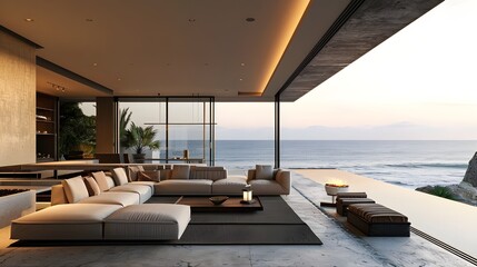 Fototapeta premium Luxury architecture, ocean front property landscape. Modern living room interior design with sleek contemporary designer furniture, minimalist decor large windows, panoramic coastal view background.