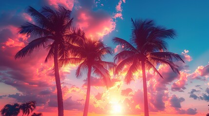 Tropical palm trees against a vibrant sunset