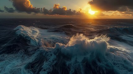 Fototapeta premium Ocean waves crash violently under a dramatic sunset sky to create an atmospheric backdrop for marine conservation and nature marketing projects.