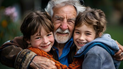 Fototapeta premium Grandfather and granddaughter enjoying a sunny day at the park with their family