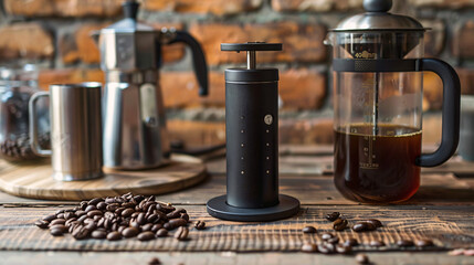 Coffee makers and fresh coffee beans. An assortment of coffee makers and fresh coffee beans on a rustic wooden table.