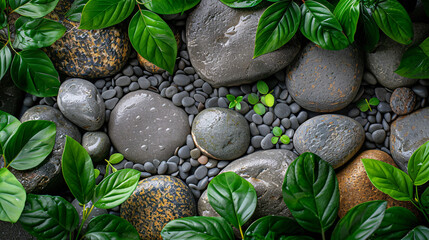 Abstract nature-themed display with rocks and leaves, ideal for modern product presentations