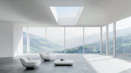 Fototapeta premium Awesome white 3D interior room with a landscape view, generative Ai