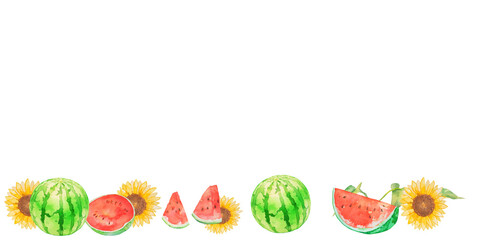 水彩で描いた夏のスイカとヒマワリのイラスト　フレーム