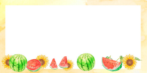 水彩で描いた夏のスイカとヒマワリのイラスト　フレーム