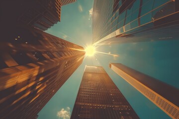 Low angle view of sunlight and skyscrapers in the financial district