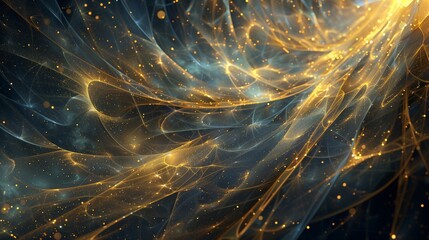 Ethereal tapestry of scintillating gold and sapphire specks intertwined, fractal-like patterns emerging from the interplay of light and fractured prisms, an otherworldly vista of vibrant abstraction,