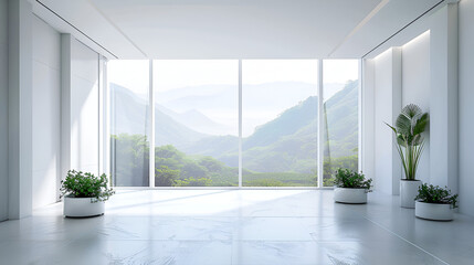 Fototapeta premium Awesome white 3D interior room with a landscape view, generative Ai