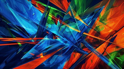 Vivid clashing tones of electric blue, blazing orange, and neon green intertwine and clash, forming dynamic geometric structures that ebb and flow in a chaotic yet harmonious dance, 