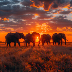 Fototapeta premium Flying Over Elephants in African Savanna at Sunset