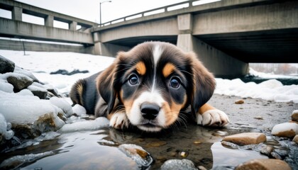 A young, worried-looking puppy lies close to a partially frozen river under an overpass, surrounded by snow and ice.. AI Generation - Powered by Adobe