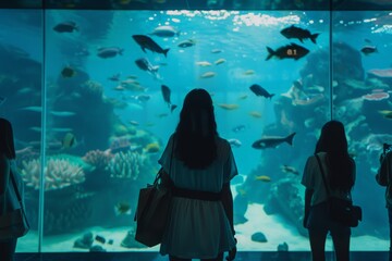 A group of people stand in awe as they look through the glass of an aquarium, filled with a plethora of fascinating sea animals