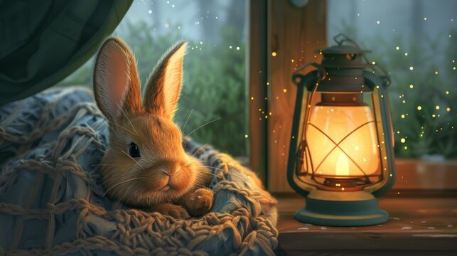 A cozy scene with a rabbit snuggled up in a blanket beside a glowing lantern.