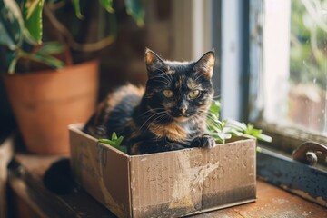 A tortoiseshell cat sitting in a small shoe box