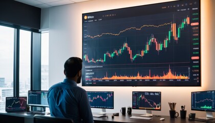 An analyst attentively studies Bitcoin market trends on multiple screens in a modern office setting with panoramic city views.. AI Generation
