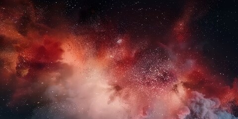 Naklejka premium explosion in space, dark red and white particles swirling in the air, abstract red and white cloud, surrounded by particles of fire in the night sky. red space, nebula