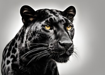 Black leopard (6 years old) in front of a white background, remastered.