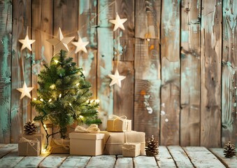 Rustic Christmas Background with Wooden Wall and Lights