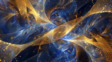 Ethereal tapestry of scintillating gold and sapphire specks intertwined, fractal-like patterns emerging from the interplay of light and fractured prisms, an otherworldly vista of vibrant abstraction,