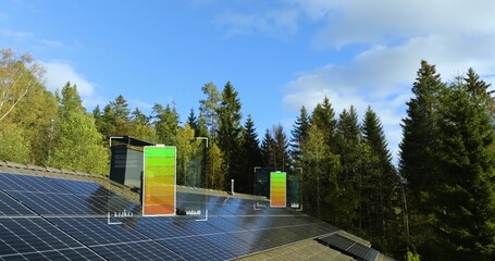 Charging battery icon overlay on solar panels on a sunny house roof