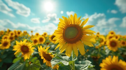 Sunflower field under a clear blue sky, copy spac