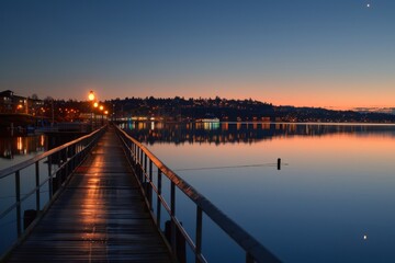 Fototapeta premium A peaceful city dock at dawn with reflections of the sunrise on the wate