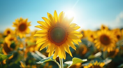 Obraz premium Sunflower field under a clear blue sky, copy spac